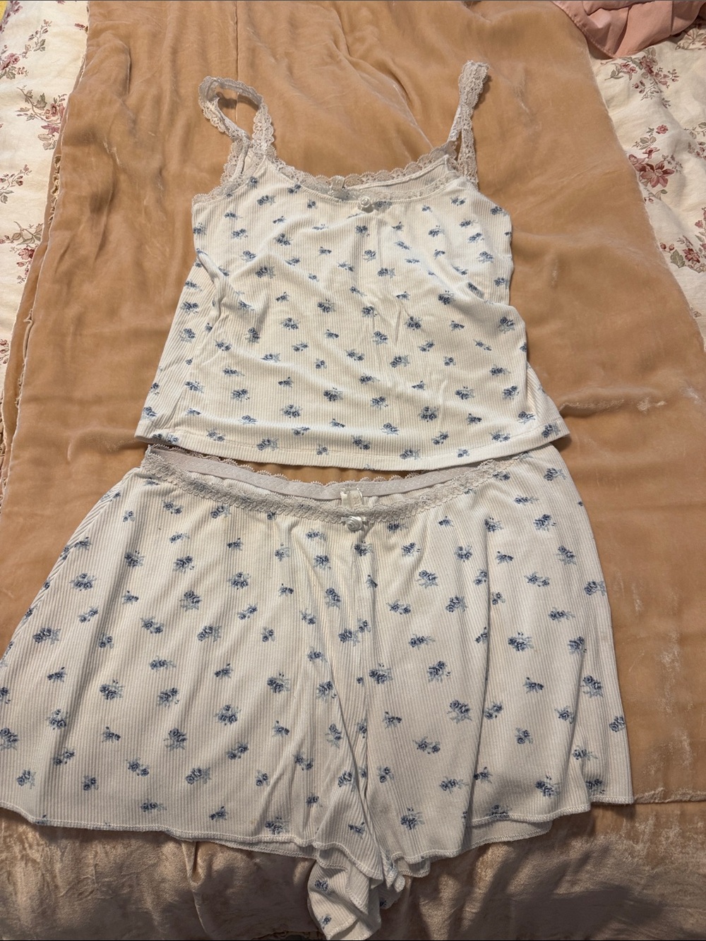SKIMS White Ribbed Tank & Short Sleep Set with Blue Floral Print